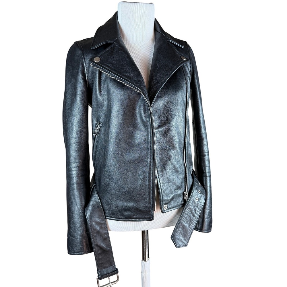 Madewell Black Leather Moto Jacket Biker Style Belted Zip Front XS *Flaw - Picture 2 of 11